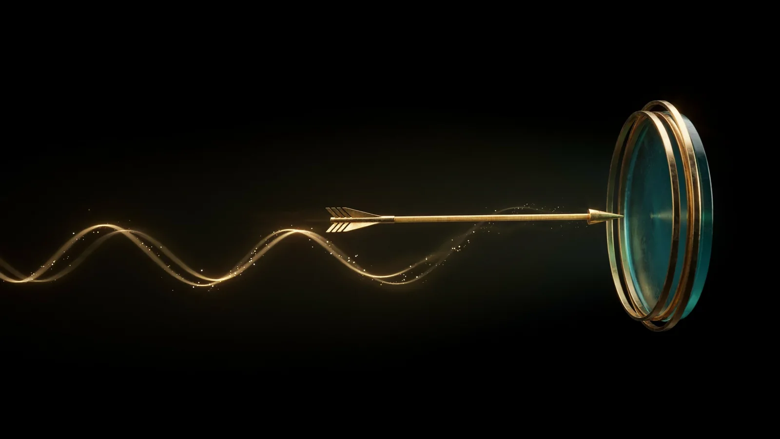 A gold arrow of light in flight, a breath from the center of a teal glass target ringed in gold