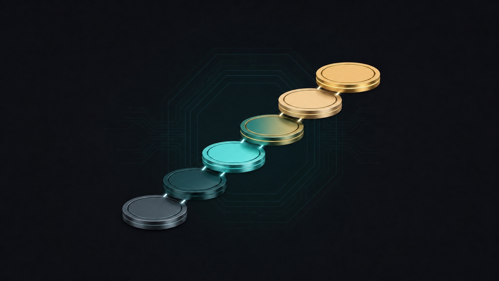 Six circular landing pads rising diagonally from gunmetal at the bottom to polished gold at the top, linked by thin glowing connectors