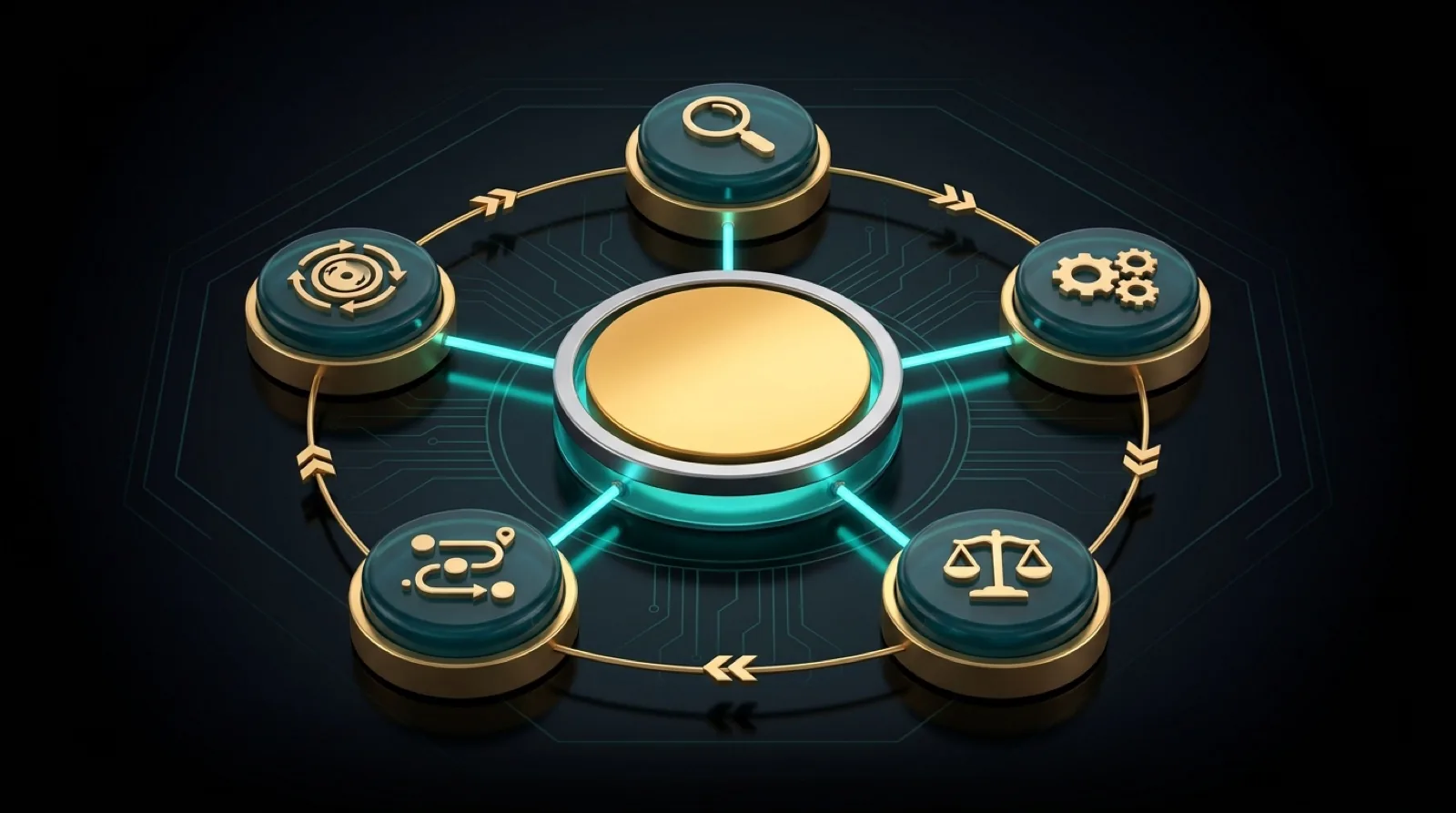 A gold center disc linked by glowing teal spokes to five raised teal nodes arranged in a ring, each carrying a gold icon, joined by a gold ring of clockwise arrows on an obsidian stage
