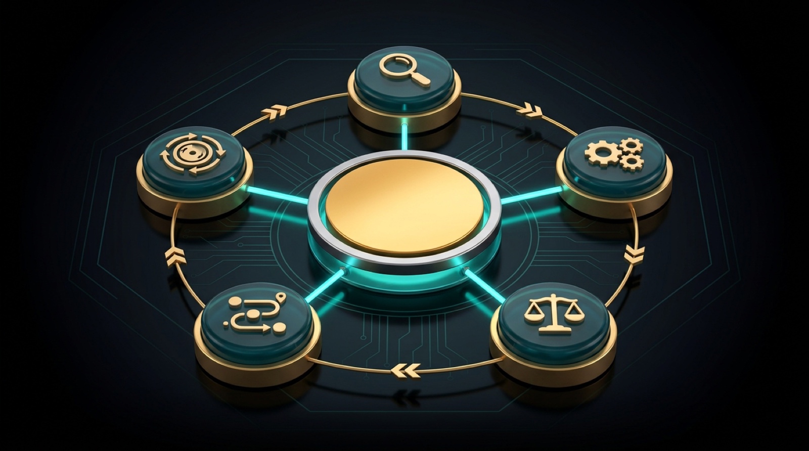 A gold center disc linked by glowing teal spokes to five raised teal nodes arranged in a ring, each carrying a gold icon, joined by a gold ring of clockwise arrows on an obsidian stage
