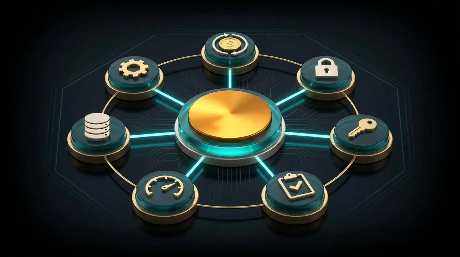 A gold hub disc on an obsidian stage linked by teal light spokes to seven raised nodes in a ring, each carrying a gold icon