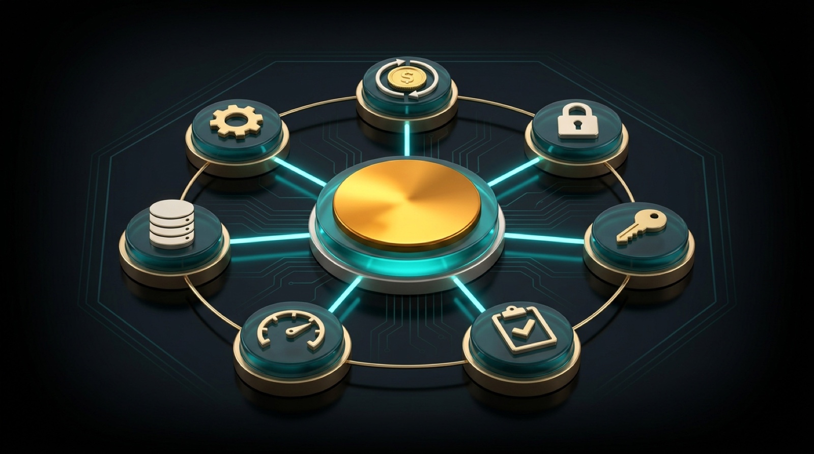 A gold hub disc on an obsidian stage linked by teal light spokes to seven raised nodes in a ring, each carrying a gold icon