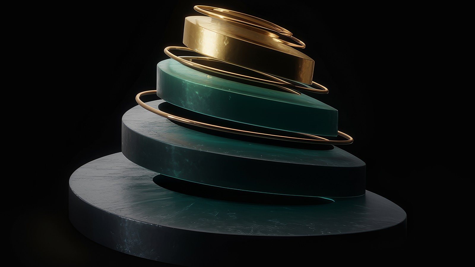 A four-tier spiral rising from a dark gunmetal base through two teal glass tiers to a flat polished gold summit, floating on black
