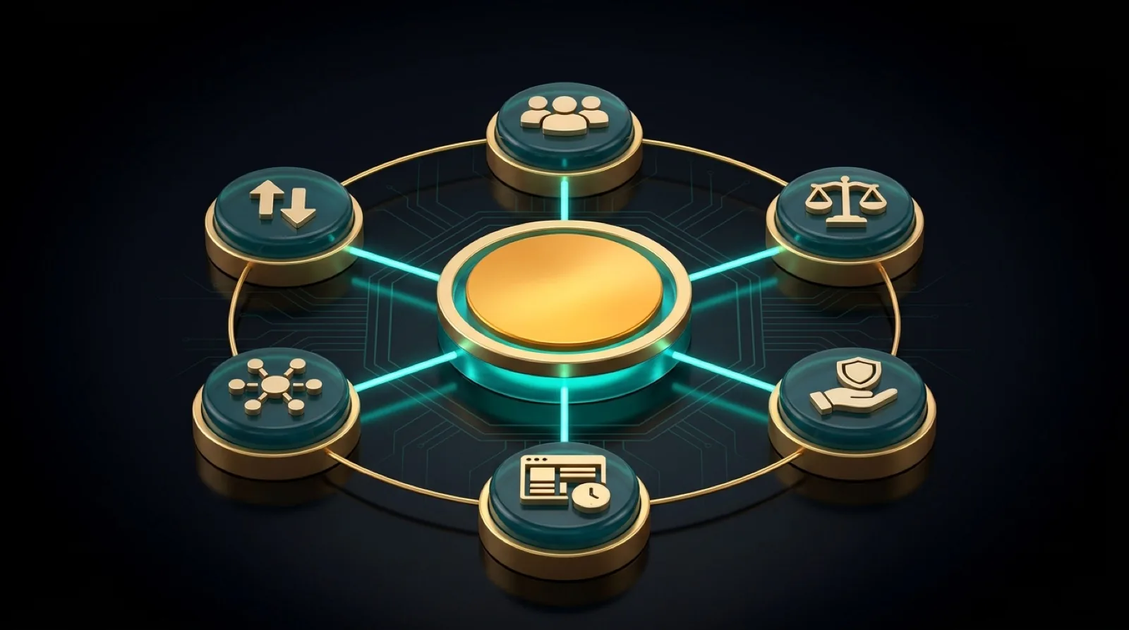 A gold centre disc linked by glowing teal spokes to six raised teal glass discs in a ring, each carrying a gold icon — people, scales, a hand and shield, a dashboard and clock, a network node, and paired arrows