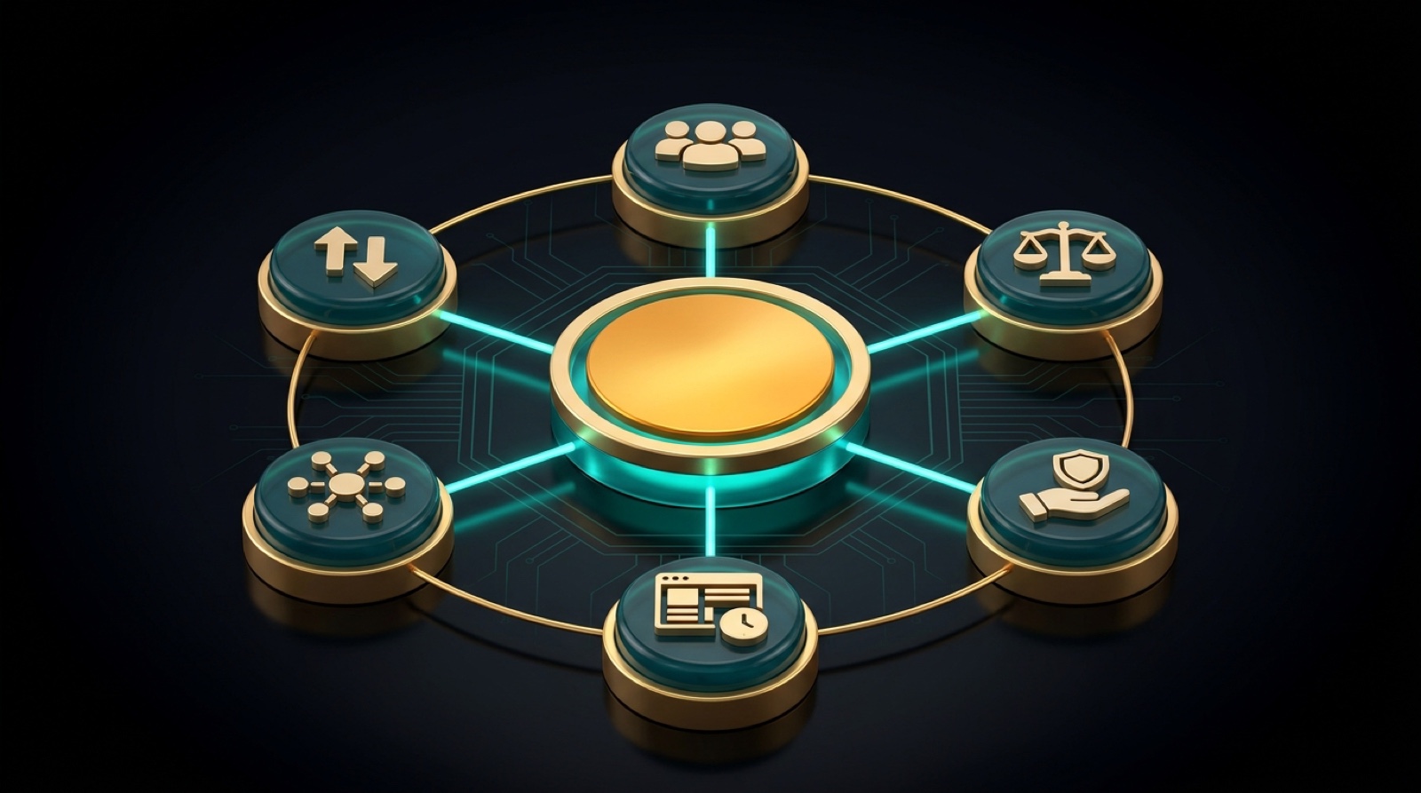A gold centre disc linked by glowing teal spokes to six raised teal glass discs in a ring, each carrying a gold icon — people, scales, a hand and shield, a dashboard and clock, a network node, and paired arrows