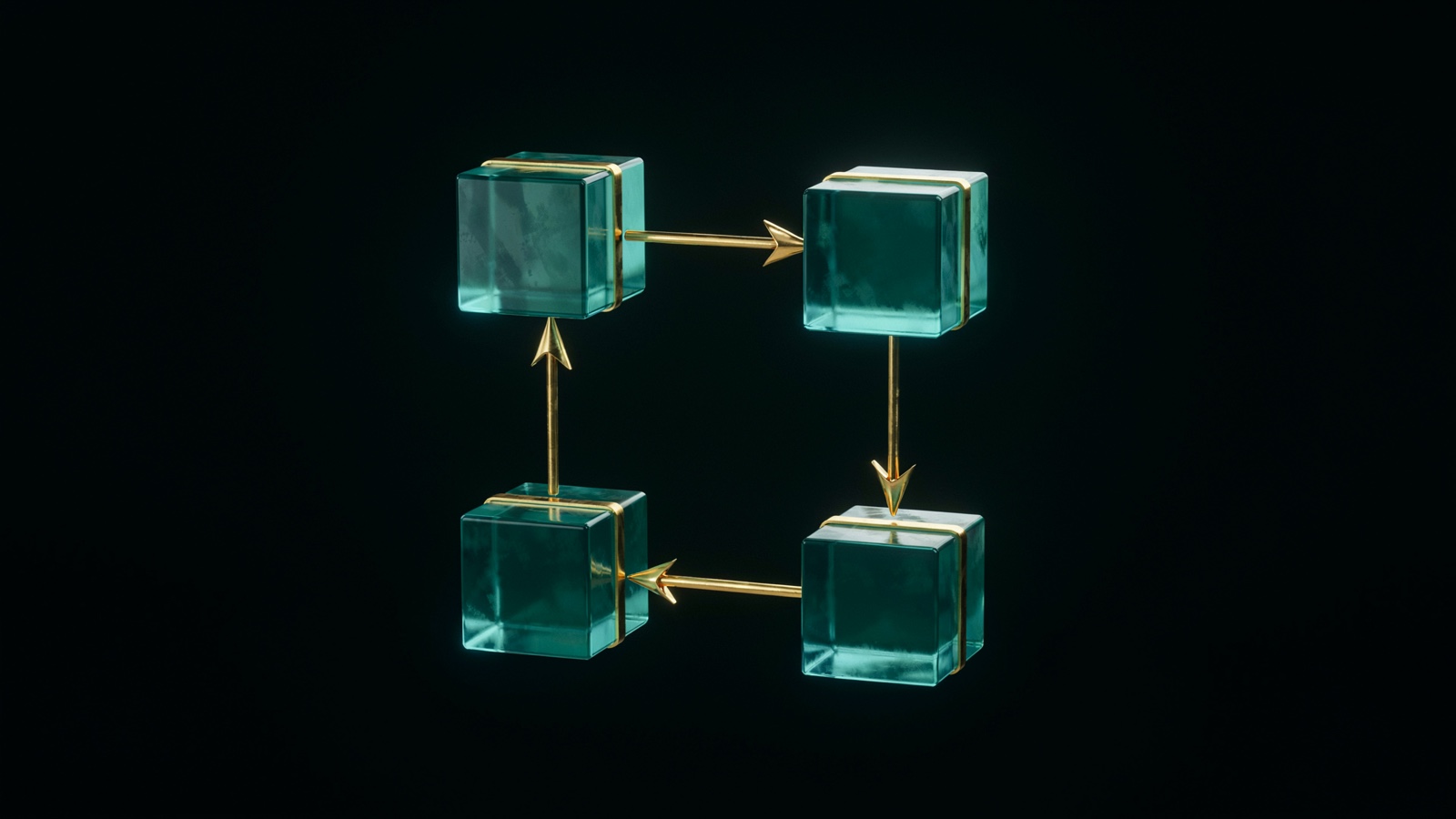 Four teal glass cubes edged in gold arranged in a square, joined by straight gold arrows turning at each corner to close the loop