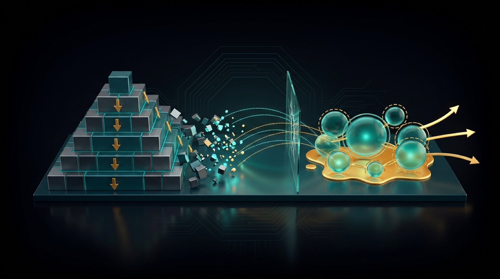 A rigid stack of gray and teal blocks on the left breaking apart through a glass barrier into fluid overlapping teal spheres on a gold pool on the right, gold arrows reaching outward