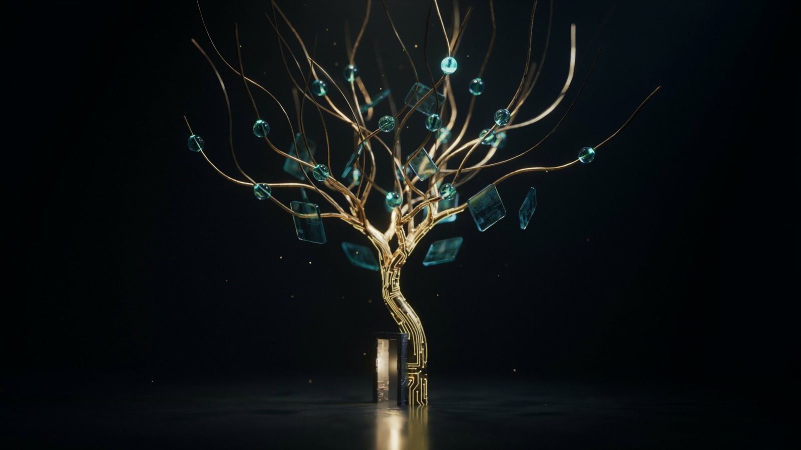 A golden circuit-traced tree growing from an obsidian base, teal glass leaves and data spheres on its branches
