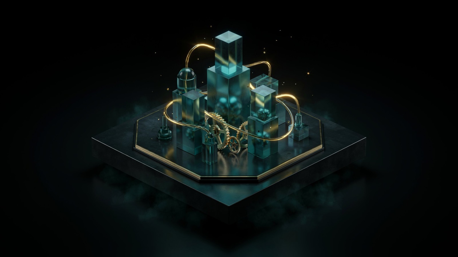 An isometric city of teal glass blocks and machinery, interconnected by golden energy conduits