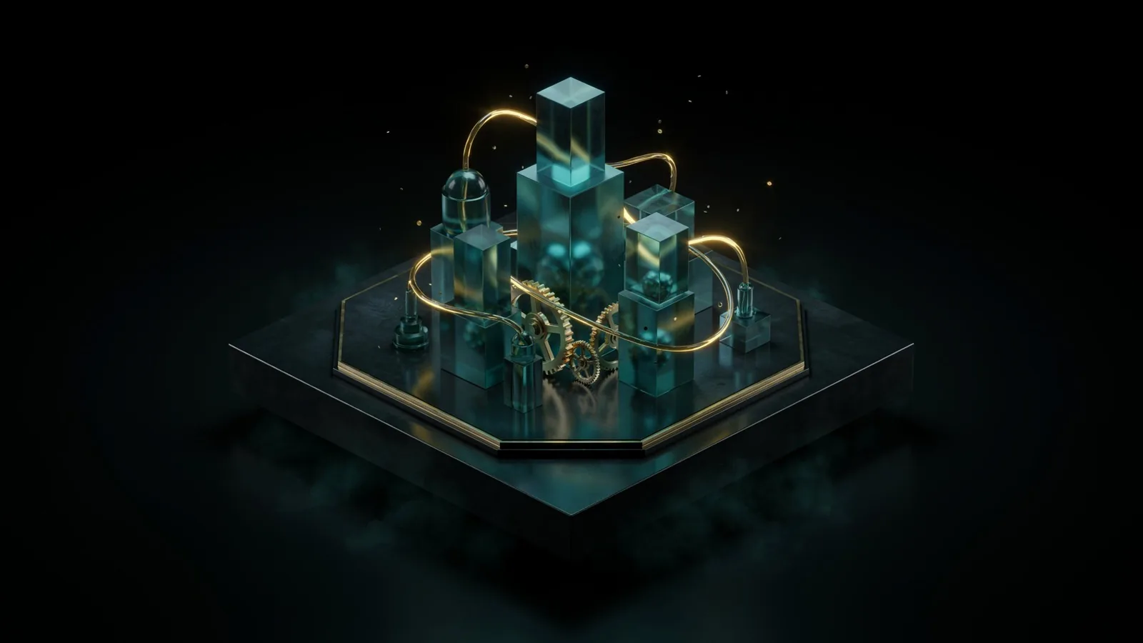 An isometric city of teal glass blocks and machinery, interconnected by golden energy conduits