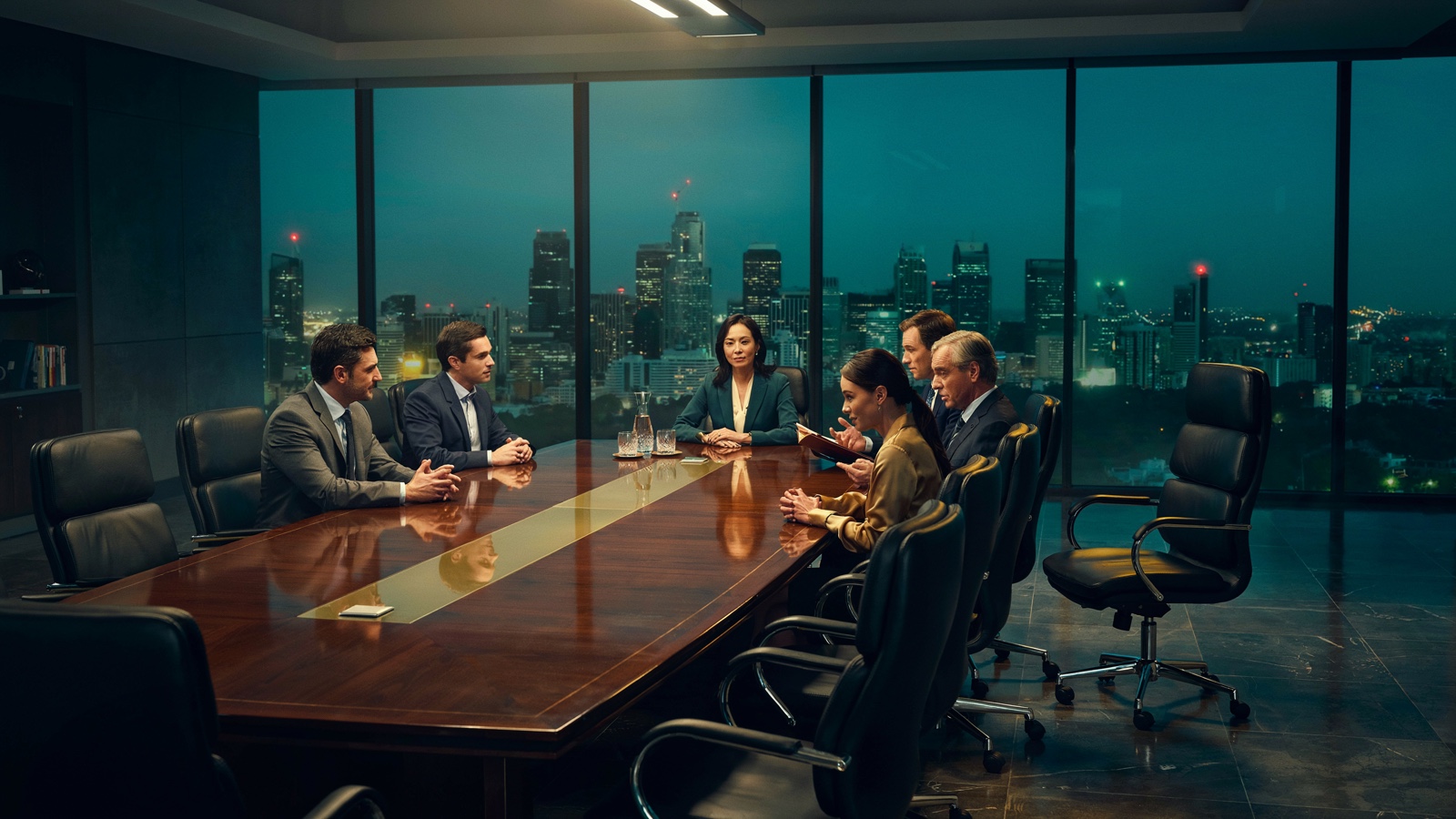 A boardroom at dusk, men and women seated around a long table mid-conversation, one chair empty, a city skyline through the windows