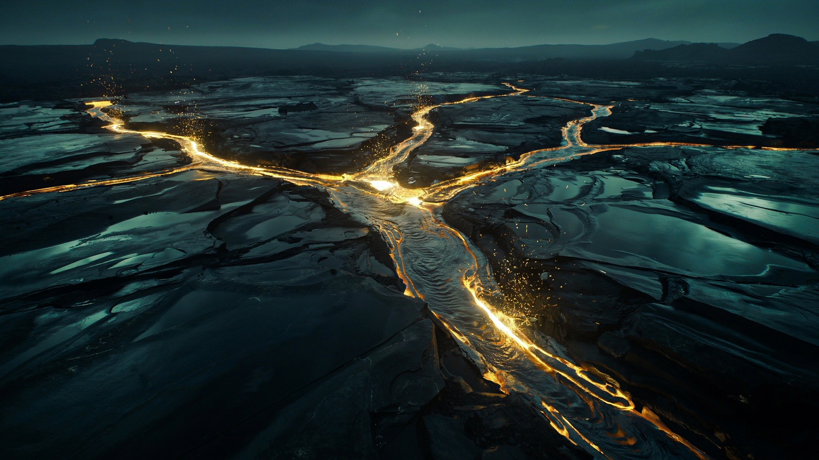 Rivers of molten gold crossing a dark obsidian plain, channels joining into one and branching apart again