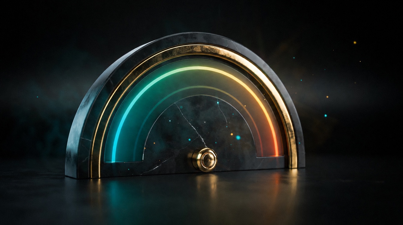 Obsidian and gold gauge instrument sweeping from teal to molten gold