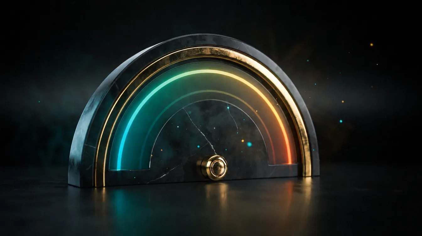 Obsidian and gold gauge instrument sweeping from teal to molten gold