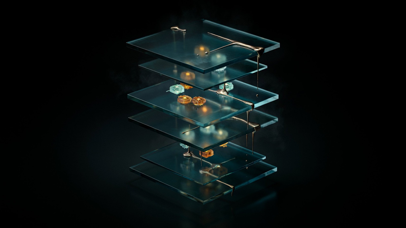 Six teal glass slabs stacked in an exploded view, small gold and teal components on each layer, molten gold threads running between the layers