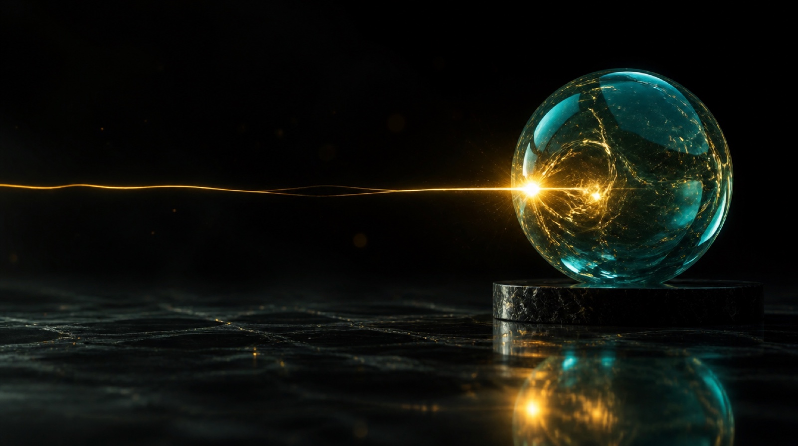 A single gold thread drawn taut through a field of teal glass, everything else falling away
