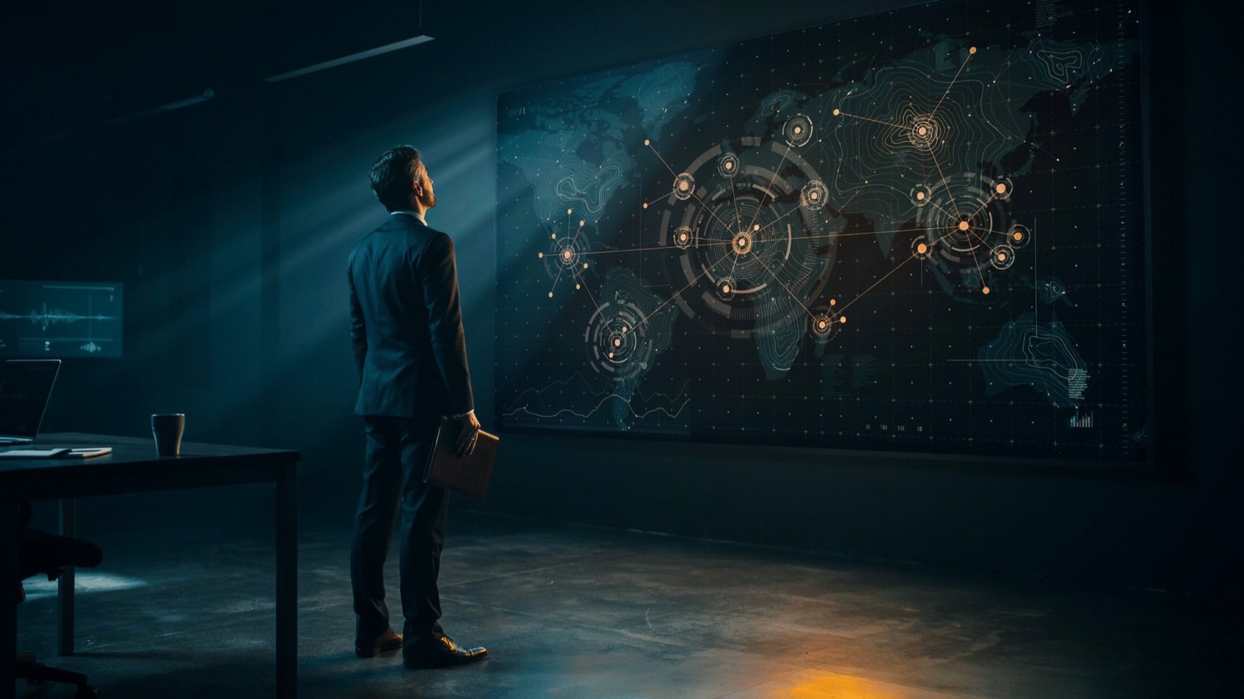 A duotone photograph of an executive at a screen, teal and gold light