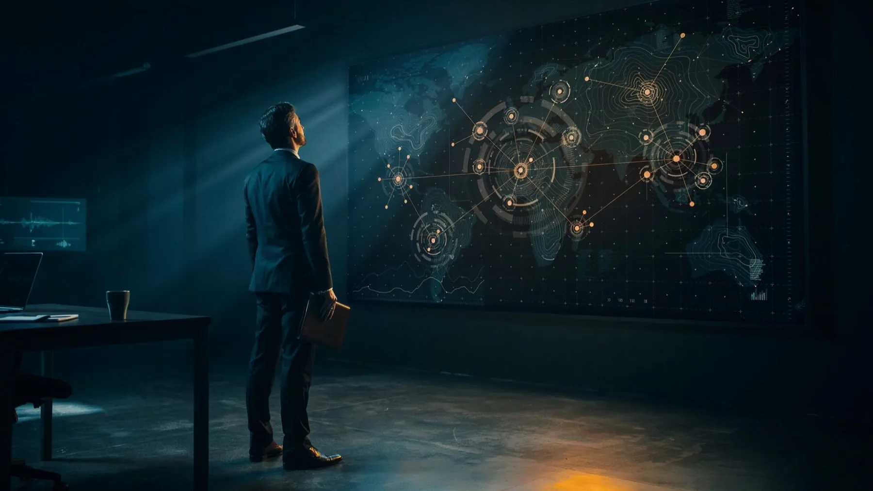 A duotone photograph of an executive at a screen, teal and gold light