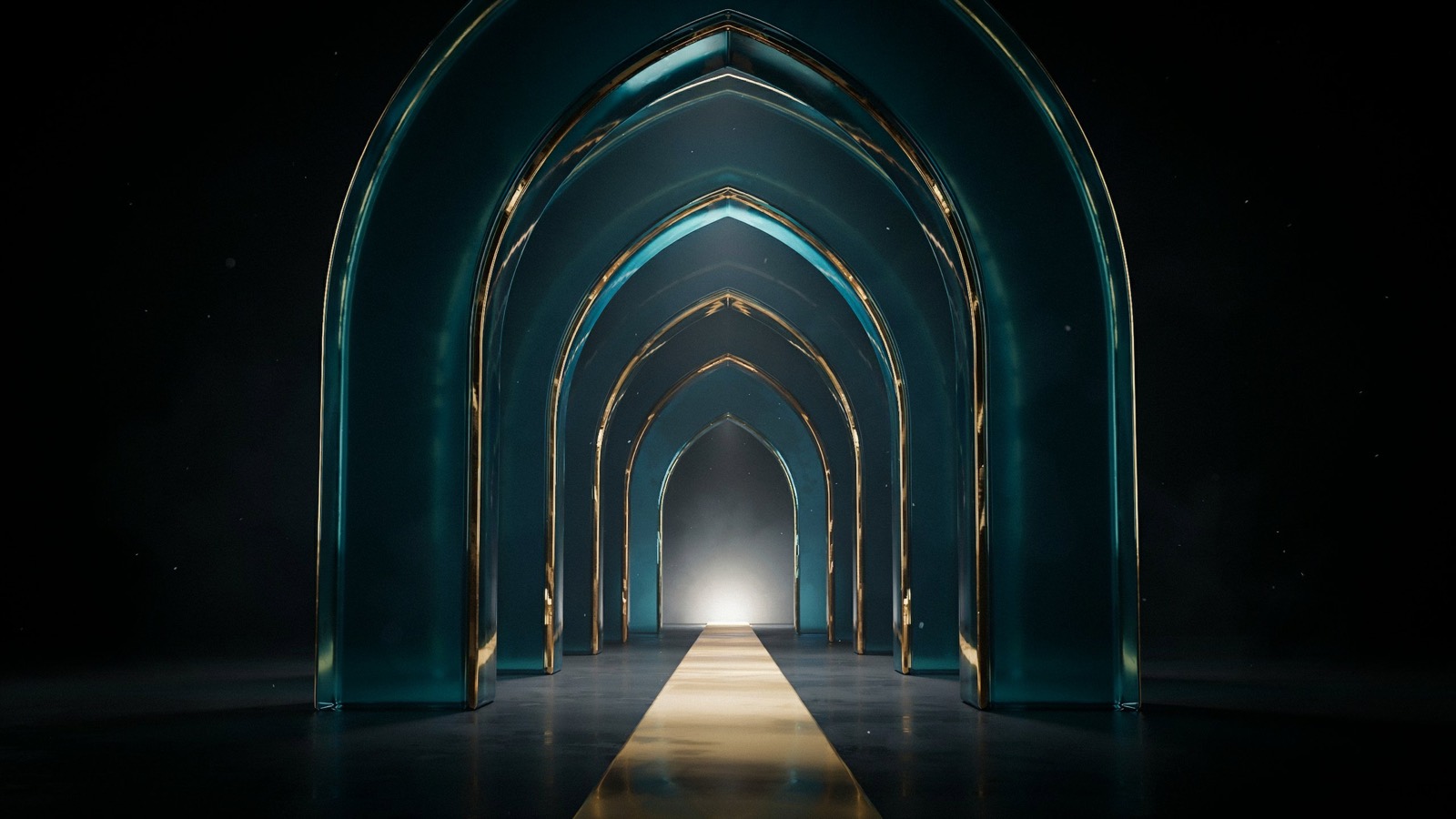 Nested teal glass arches edged in gold, receding toward a soft light with a gold path running through them