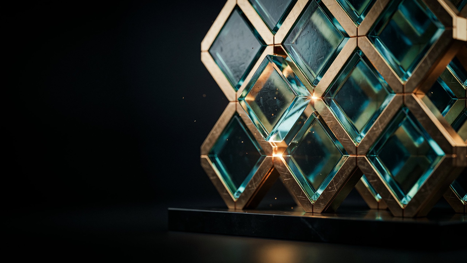 A lattice of teal glass diamonds set in a gold frame on an obsidian plinth, gold light at the joints