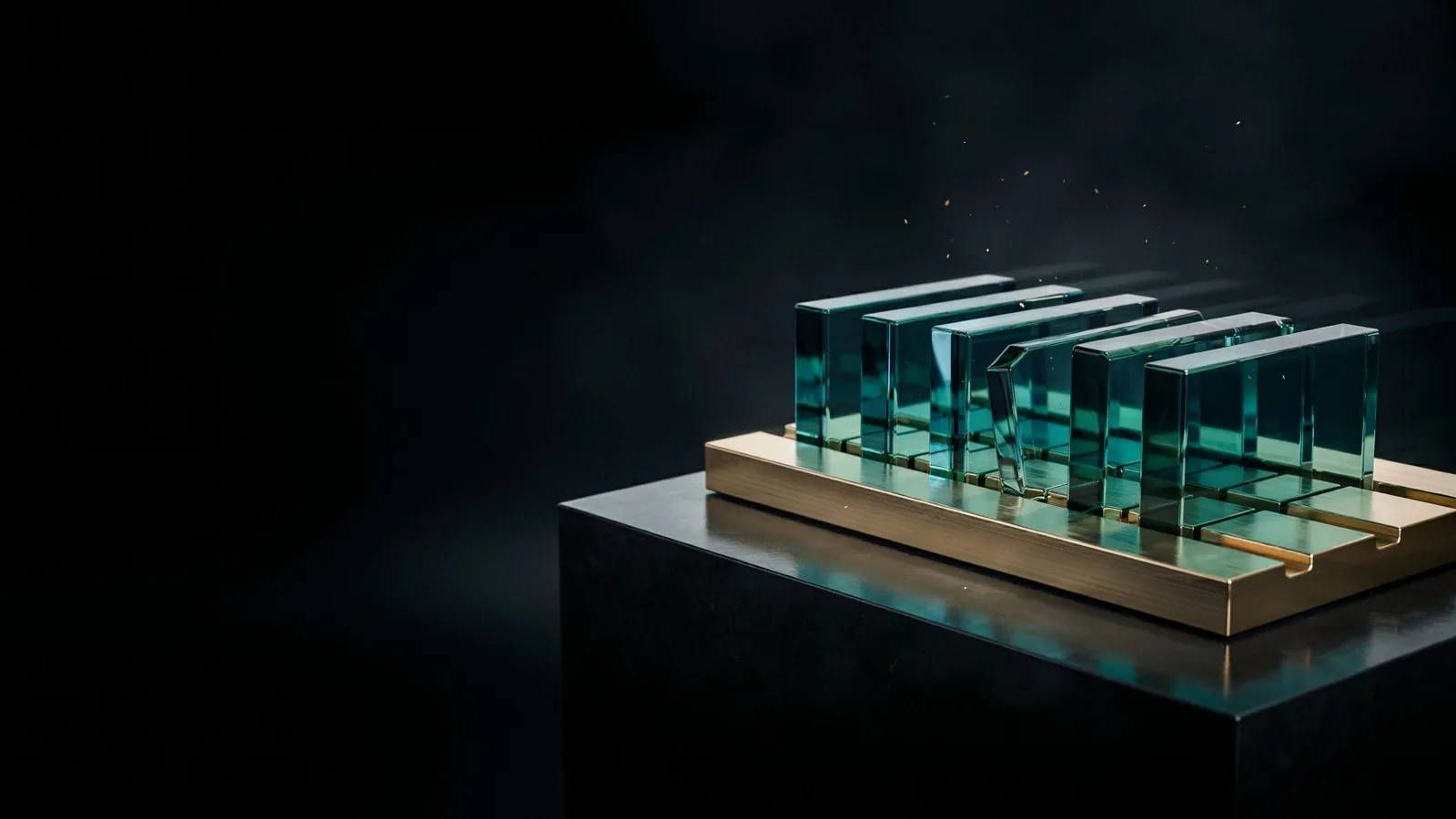 Six teal glass modules seated in a gold frame on an obsidian plinth