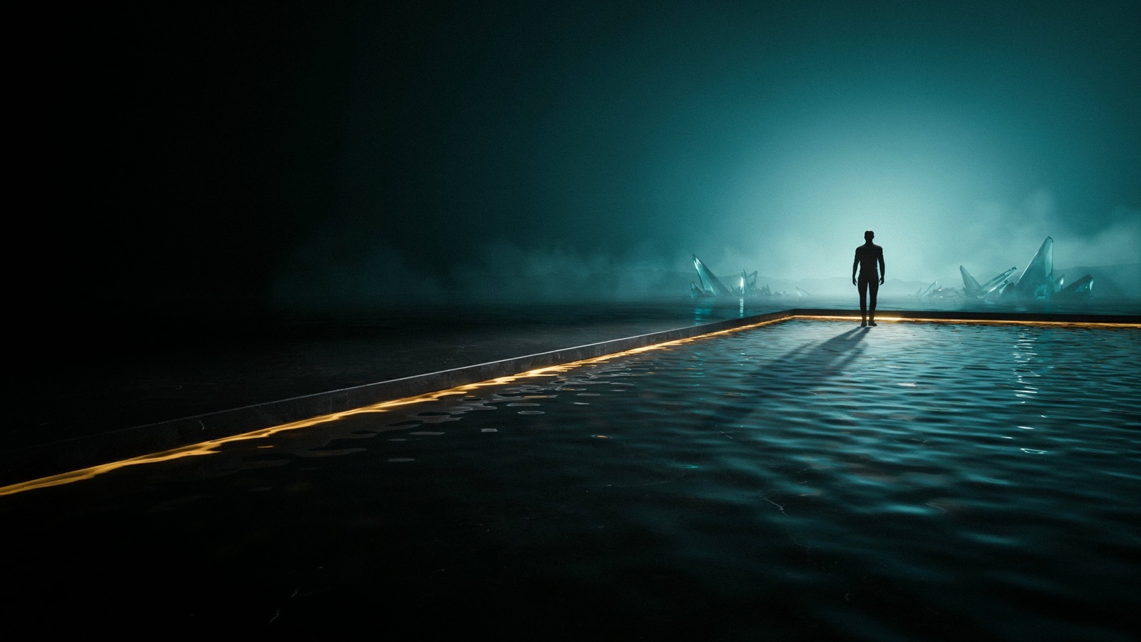 A lone figure at the edge of a gold line of light on a dark floor, teal glow and glass shards beyond