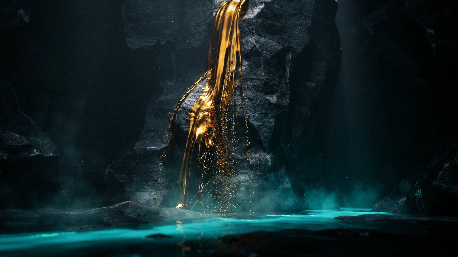 Molten gold pouring down a dark rock face into a still teal pool