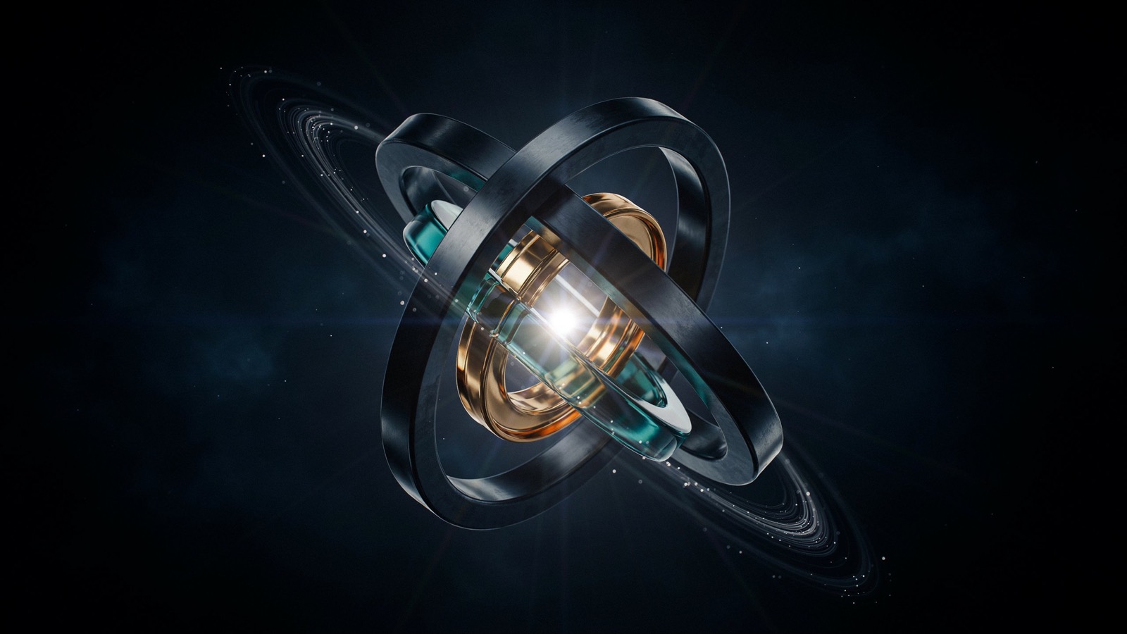 A gyroscope of dark steel rings around a gold and teal core, spinning steadily in space with a faint ring of light