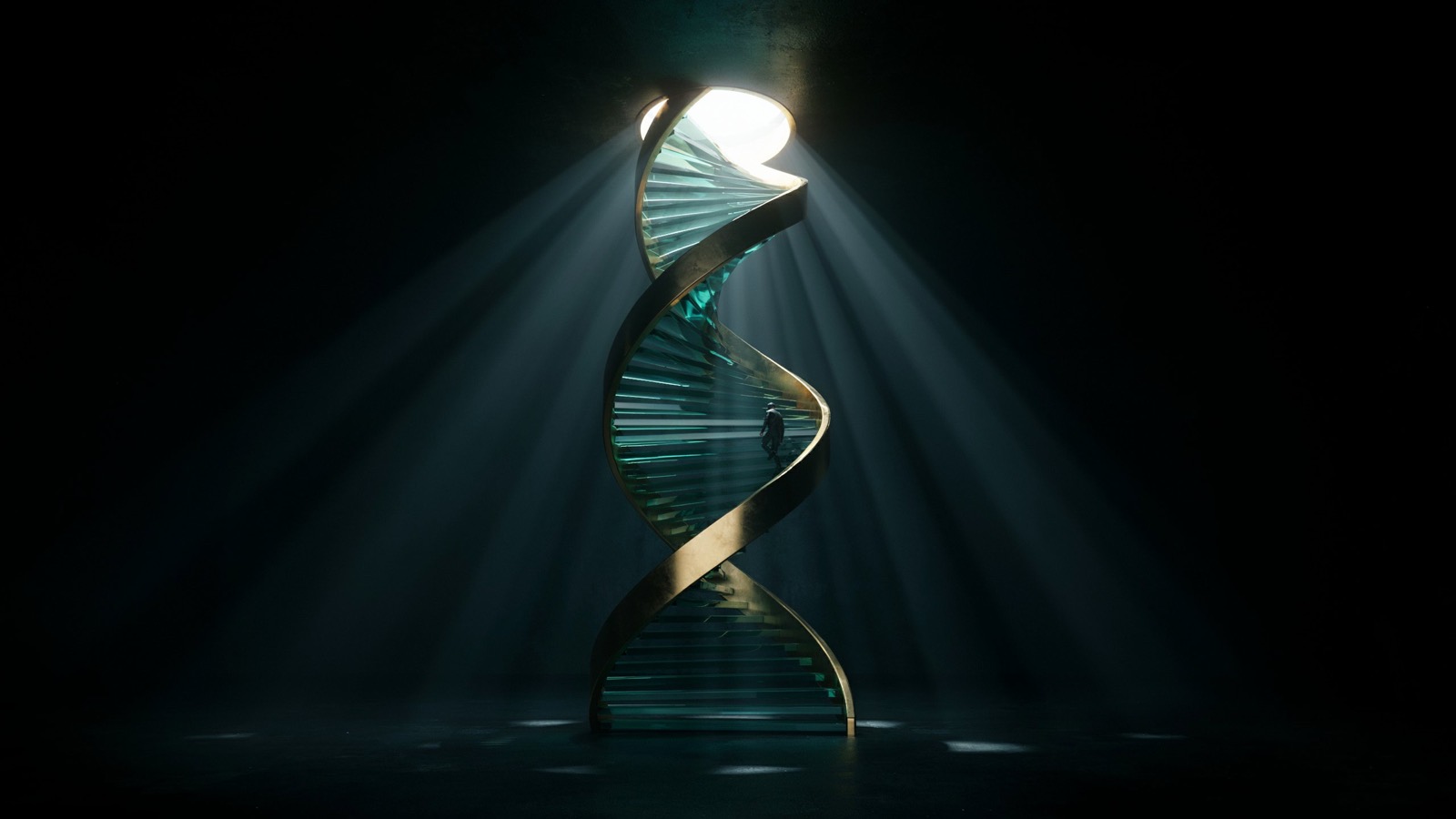 A double-helix staircase of teal glass and gold rising toward a skylight, a lone figure climbing