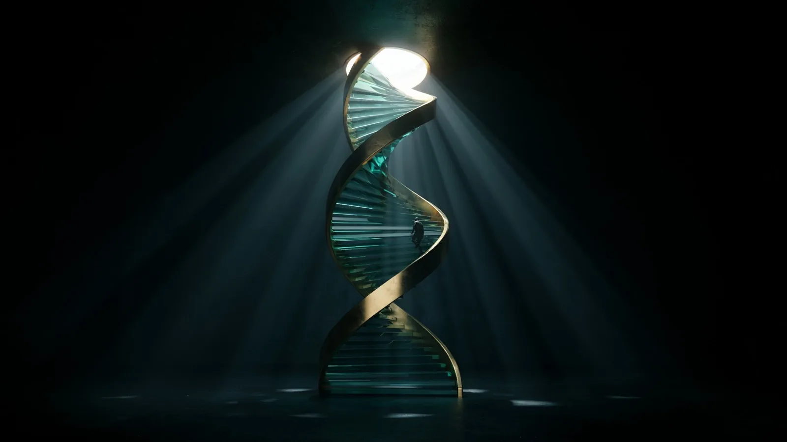 A double-helix staircase of teal glass and gold rising toward a skylight, a lone figure climbing