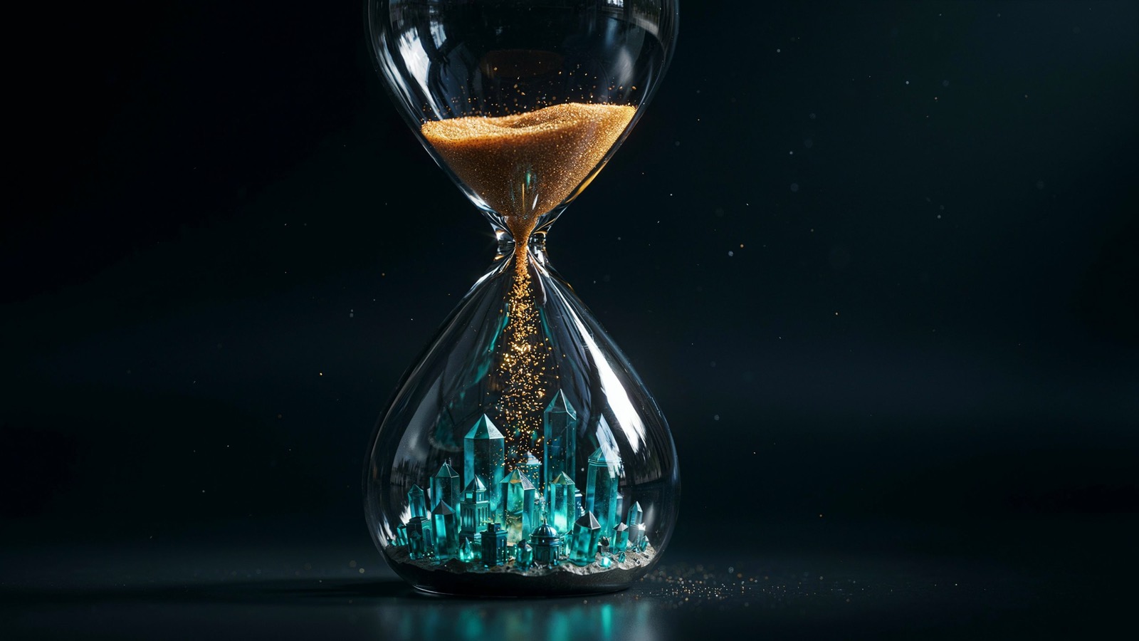 An hourglass with gold sand falling onto a small city of teal crystal towers in the lower bulb