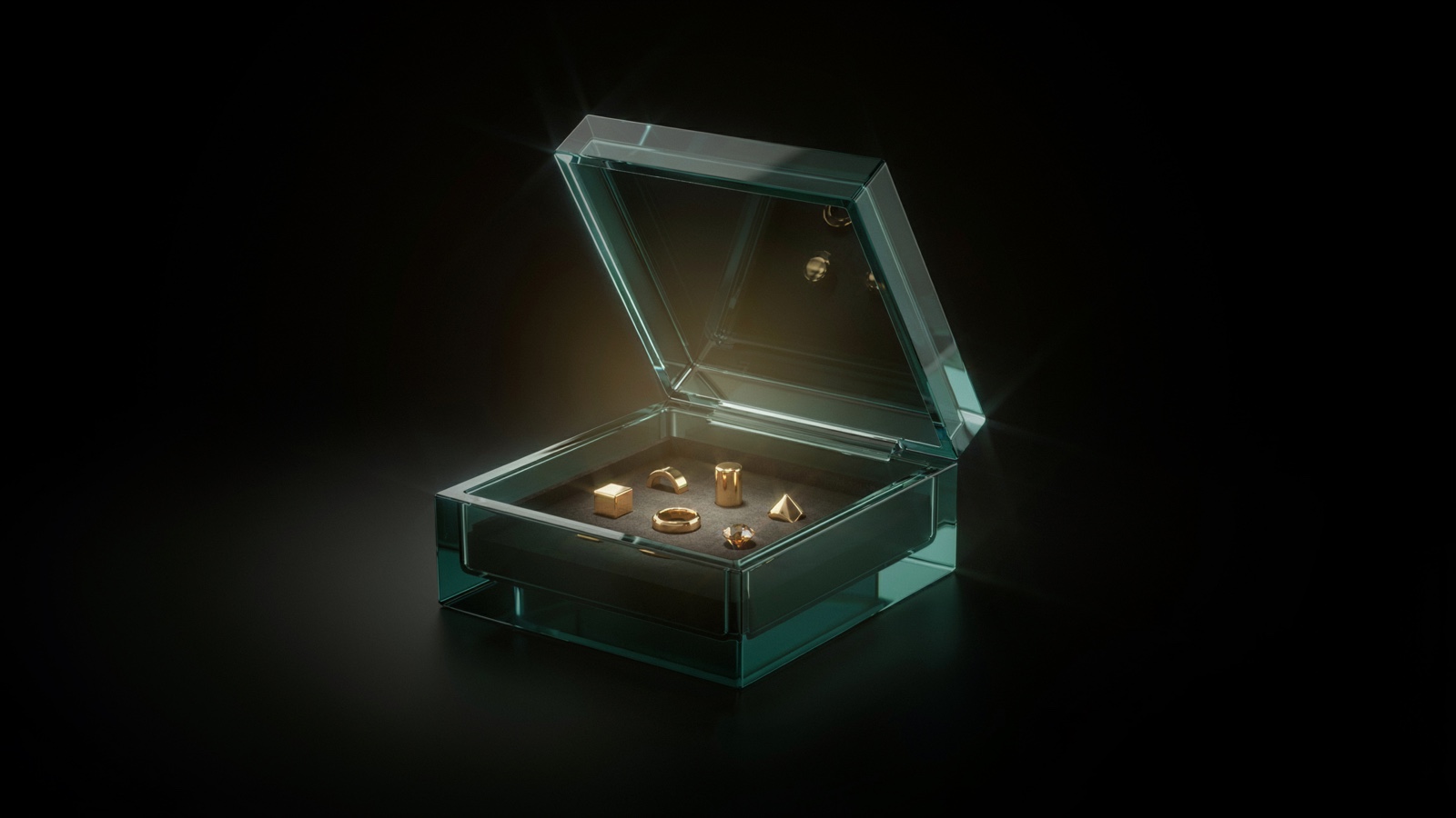An open teal glass box, lid raised, small gold components resting inside, warm light spilling from within