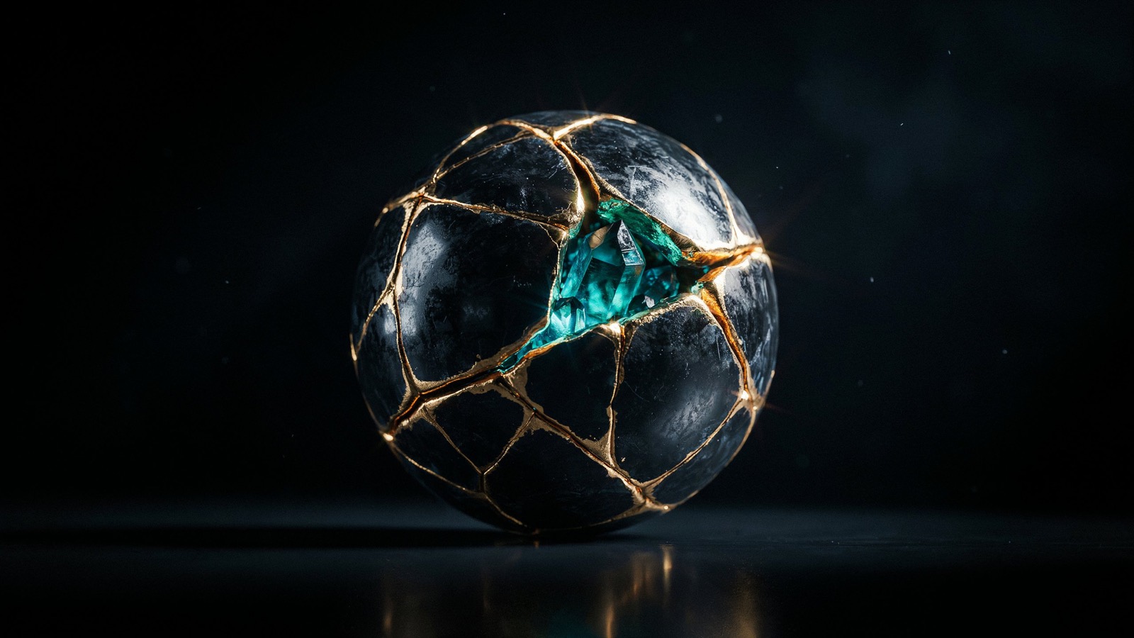 A dark sphere broken and rejoined, the seams filled with molten gold