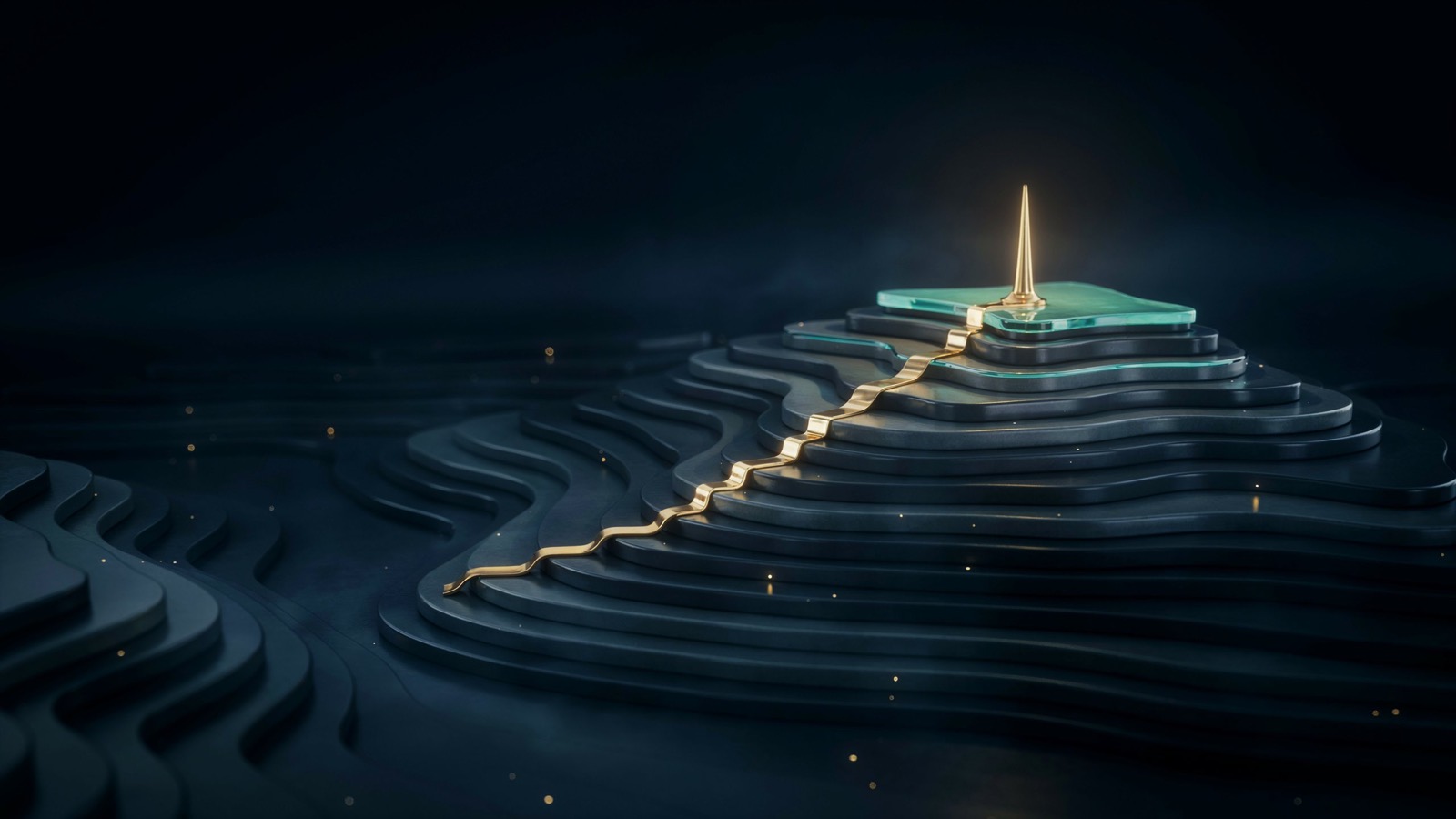 Glowing gold and teal light topography rising from an obsidian landscape
