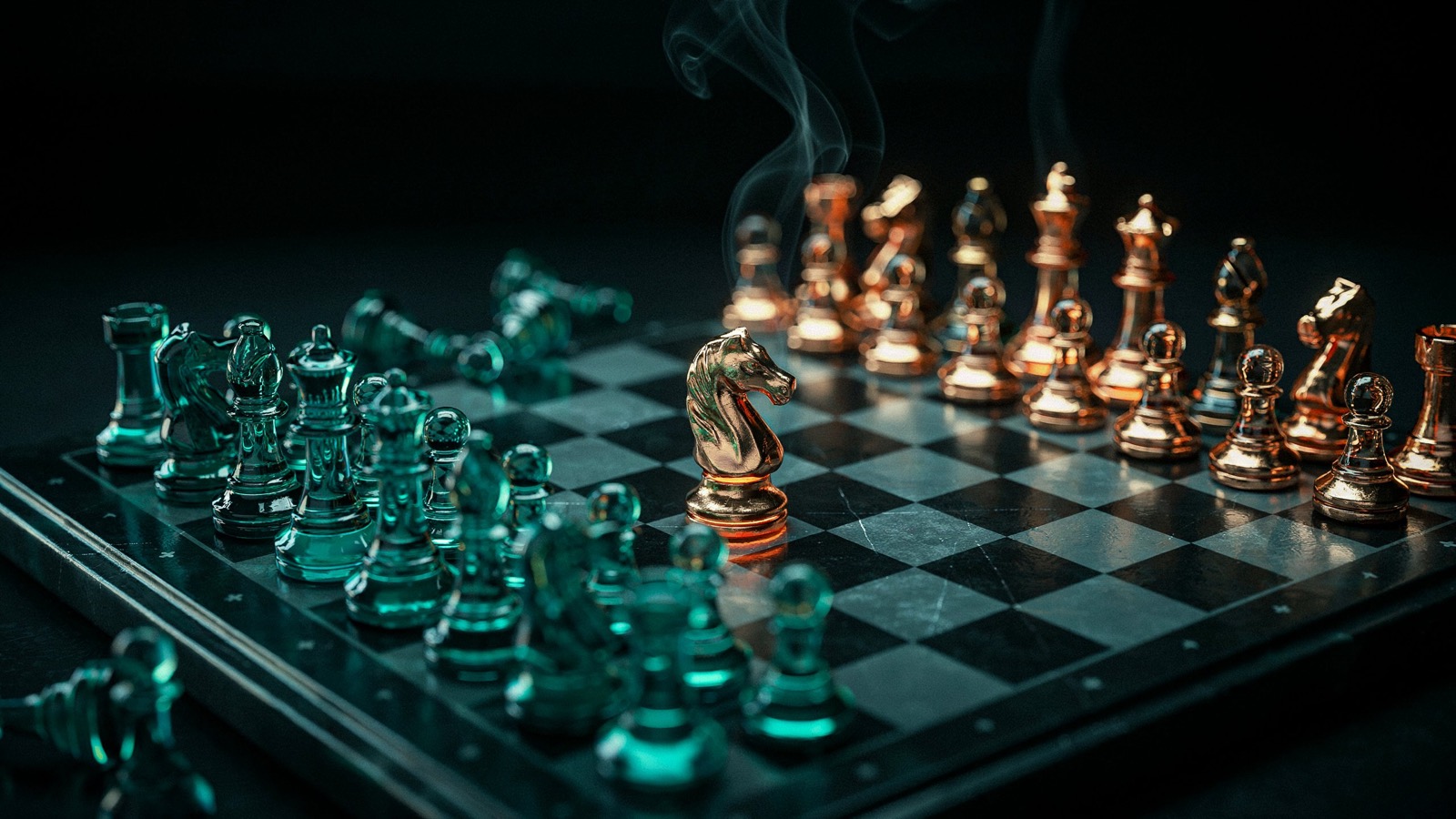A chessboard under low light, teal glass pieces on one side and gold on the other, a gold knight advanced to the center