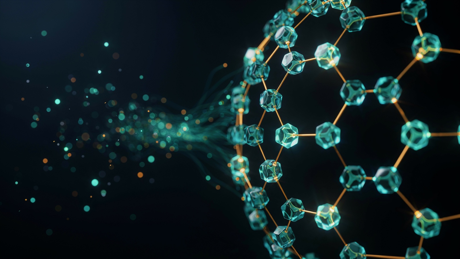 Scattered points of teal and gold light on the left gathering and resolving into a connected lattice of teal glass nodes on gold lines