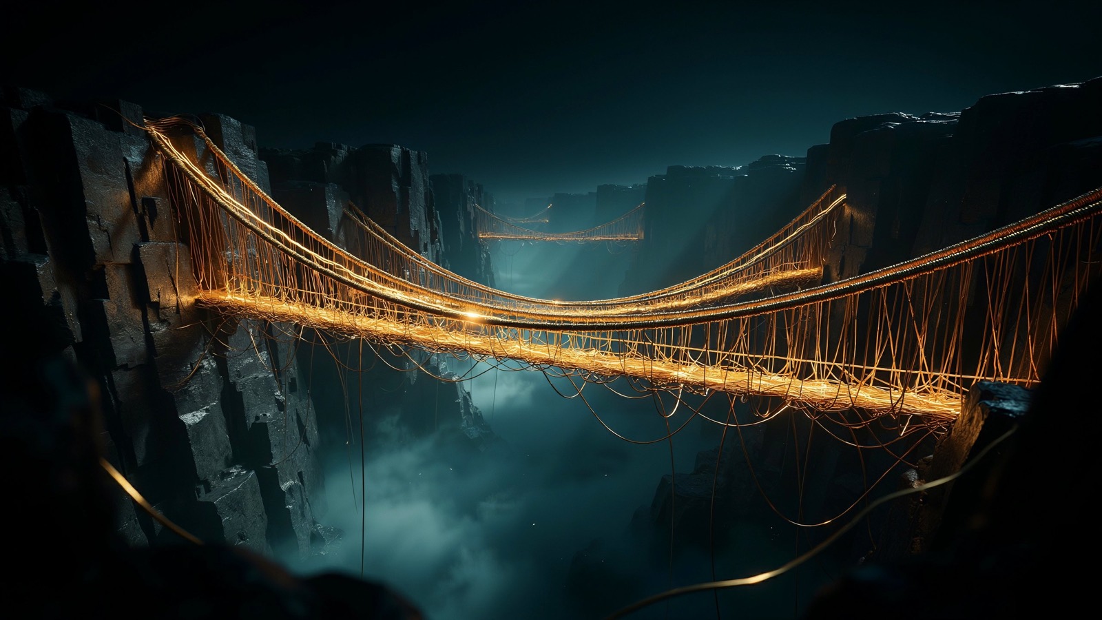 A suspension bridge woven from glowing gold threads spanning a dark canyon, connecting two obsidian cliffs