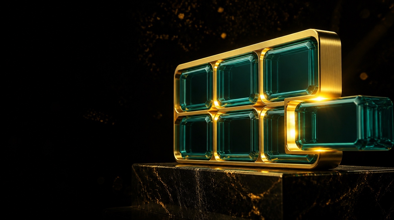 A gold frame holding six teal glass blocks, one set apart, on a dark marble plinth