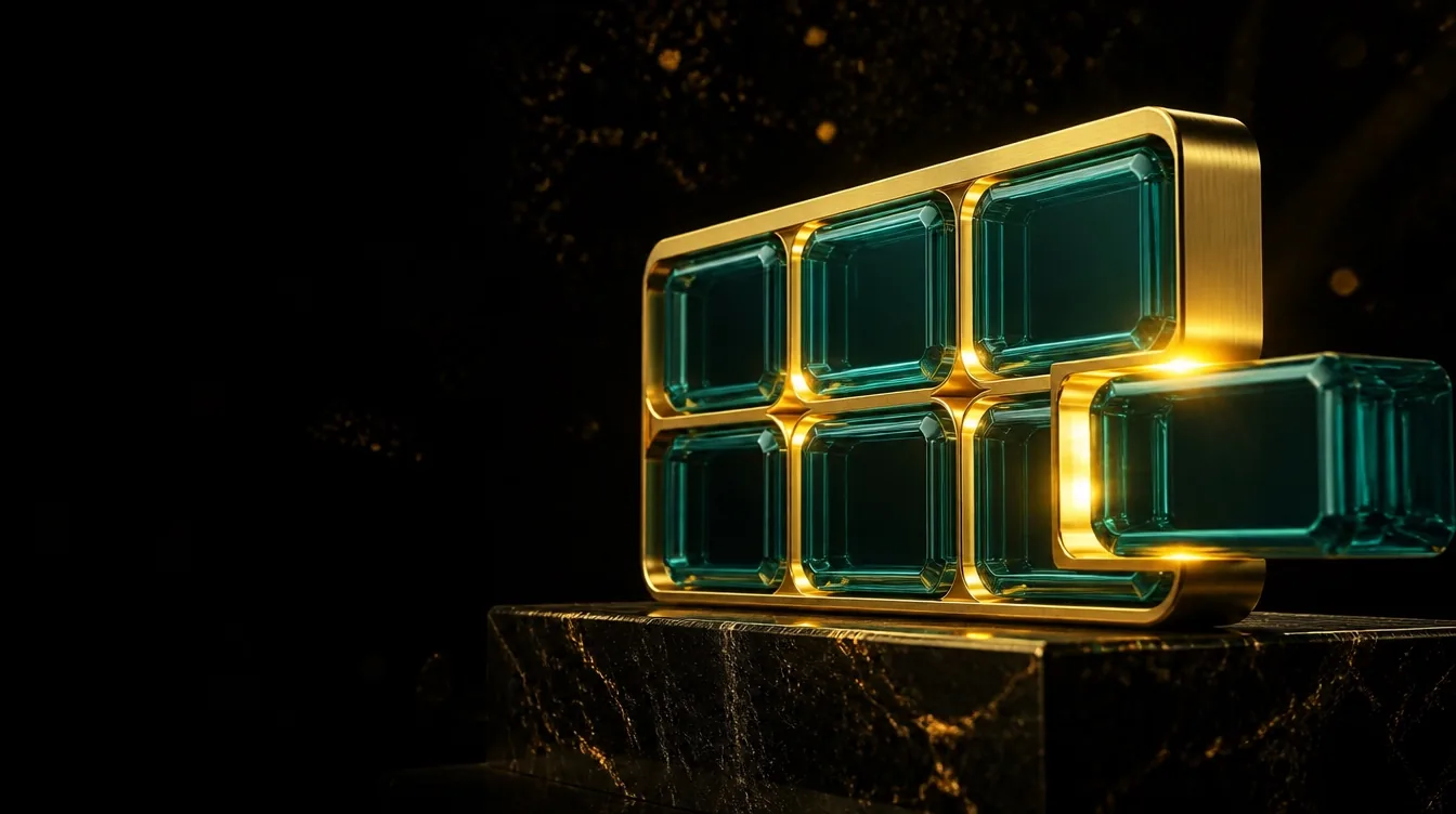 A gold frame holding six teal glass blocks, one set apart, on a dark marble plinth